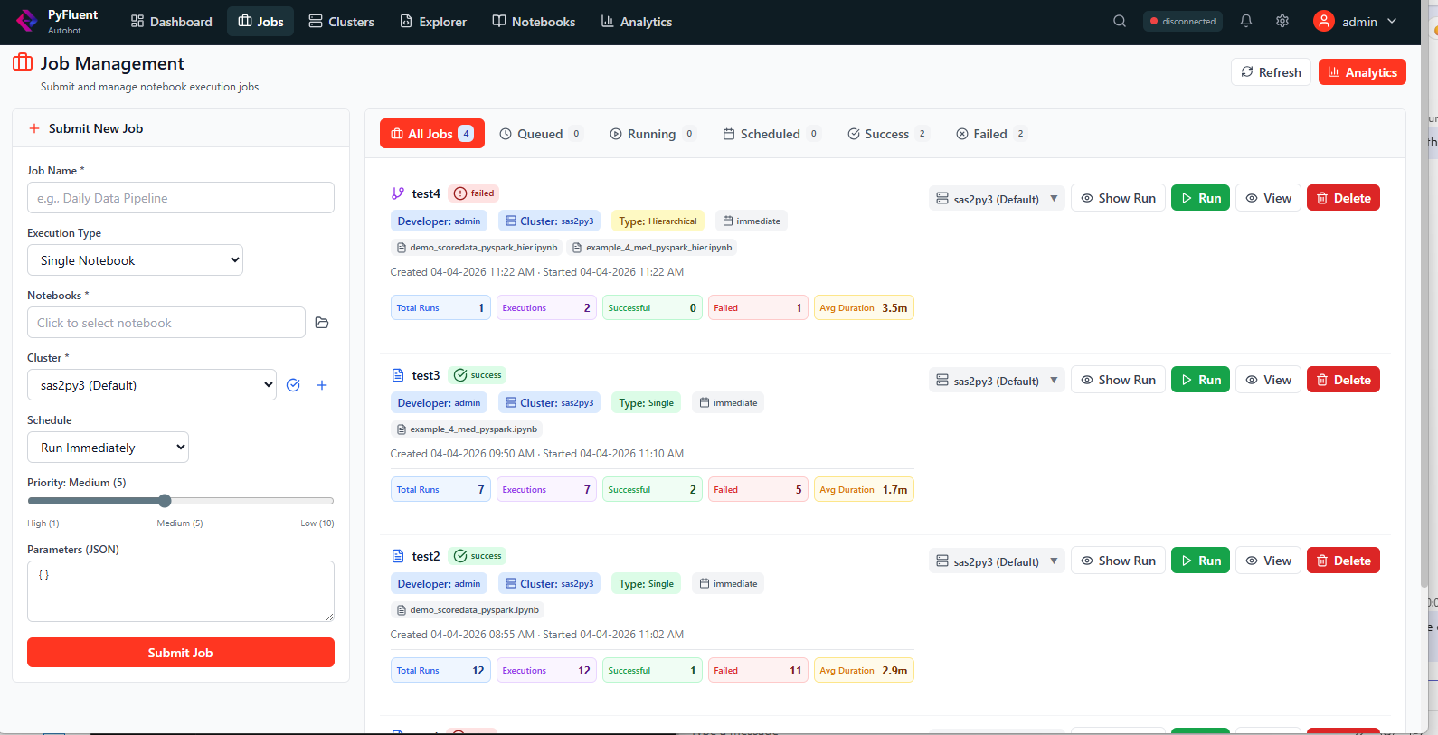 Job management interface with job submission form and execution history