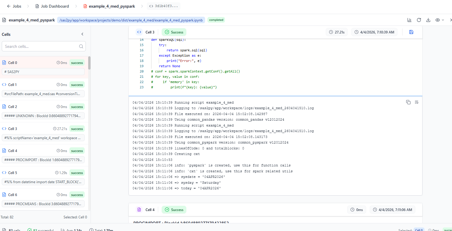 Cell-by-cell notebook execution with code output and logs